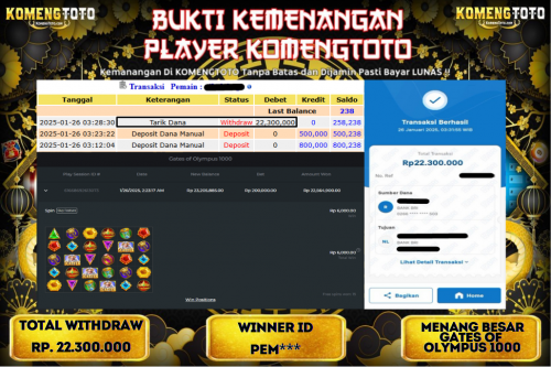 LAGI & LAGI!! KEMENANGAN BESAR DI SLOT  GATES OF OLYMPUS 1000  SEBESAR Rp.22.300.000 KOMENGTOTO BAYAR LUNAS SECEPAT KILAT !! KOMENGTOTO BAYAR SECEPAT KILAT !!