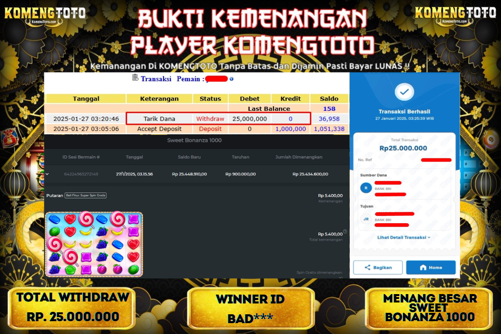 LAGI & LAGI!! KEMENANGAN BESAR DI SLOT  SWEET BONANZA 1000 SEBESAR Rp.25.000.000 KOMENGTOTO BAYAR LUNAS SECEPAT KILAT !! KOMENGTOTO BAYAR SECEPAT KILAT !!