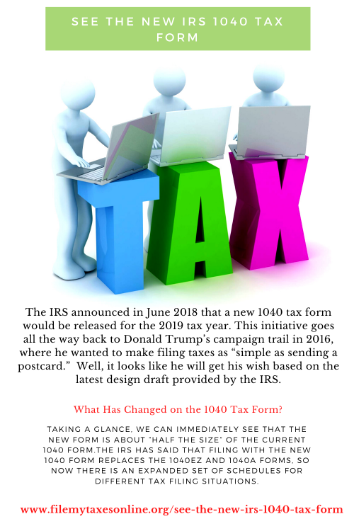 Taking a glance, we can immediately see that the new form is about “half the size” of the current 1040 form. Read more, https://filemytaxesonline.org/see-the-new-irs-1040-tax-form/ The IRS has said that filing with the new 1040 form replaces the 1040EZ and 1040A forms. The IRS states, “This new approach will simplify the previous 1040 so that all 150 million taxpayers can use the same form.”