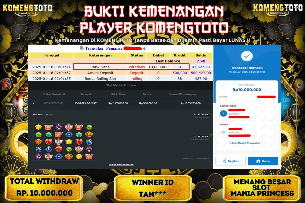 LAGI & LAGI!! KEMENANGAN BESAR DI SLOT  MANIA PRINCESS  SEBESAR Rp.10.000.000 KOMENGTOTO BAYAR LUNAS SECEPAT KILAT !! KOMENGTOTO BAYAR SECEPAT KILAT !!