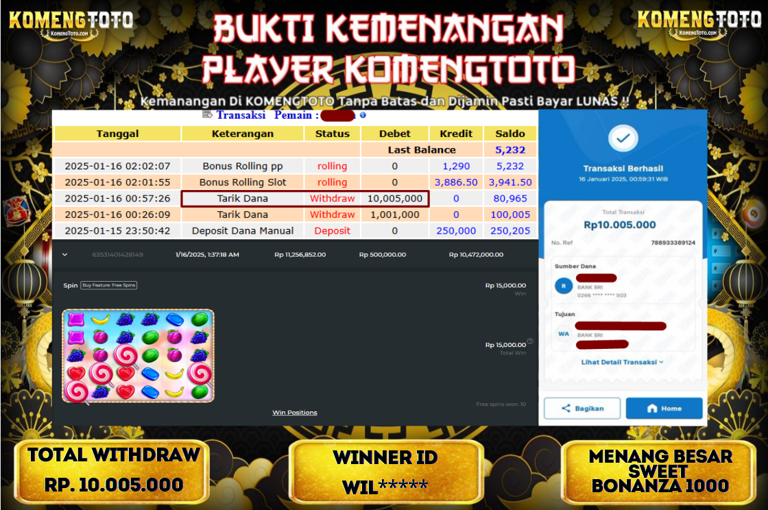 LAGI & LAGI!! KEMENANGAN BESAR DI SLOT  SWEET BONANZA  1000  SEBESAR Rp.10.005.000 KOMENGTOTO BAYAR LUNAS SECEPAT KILAT !! KOMENGTOTO BAYAR SECEPAT KILAT !!