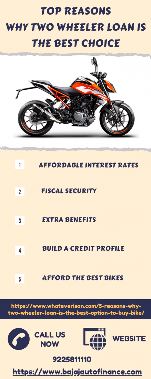 Here are the top reasons why Two Wheeler Loan is the best option to buy bike - 
Affordable Interest Rates
Fiscal Security
Extra Benefits
Build a Credit Profile
Afford The Best Bikes

Read in Detail:-  https://bit.ly/Two-wheeler-loan-is-the-best-option-to-buy-bike