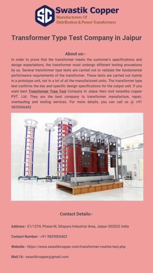 If you want best Transformer Type Test Company in Jaipur then visit swastika copper PVT. Ltd. They are the best company to transformer manufacture, repair, overhauling and testing services. For more details, you can call us @ +91 9829006402
Visit us:- https://infogram.com/transformer-type-test-company-in-jaipur-1hnp279pel7y6gq?live