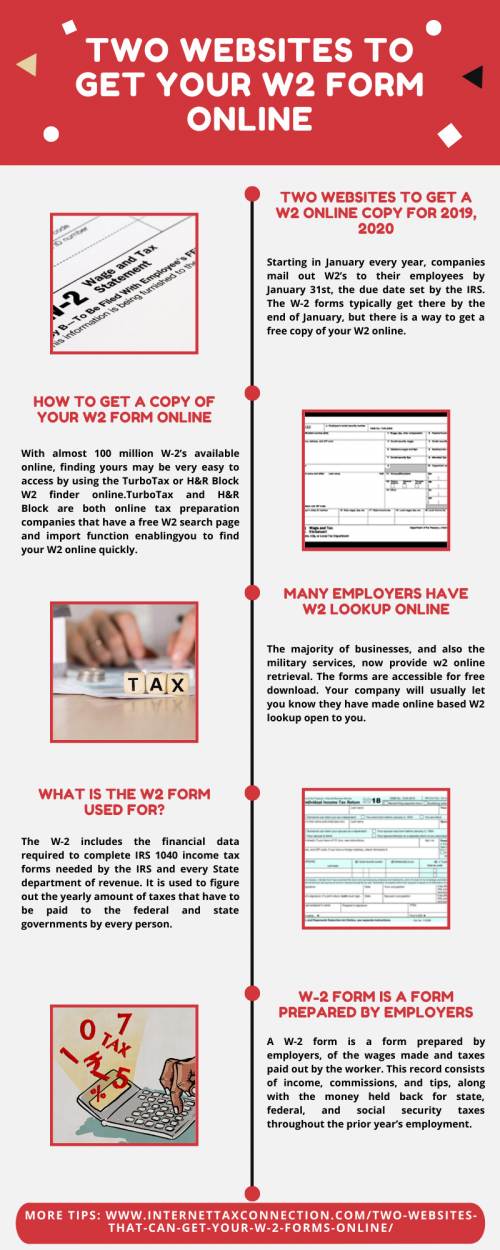 Visit us at - https://internettaxconnection.com/two-websites-that-can-get-your-w-2-forms-online/
Did you know you can get your refund back quicker by getting your W2 online? Most employees no longer have to wait to get their W2 in the mail before they can start their taxes. When you find your W2 online you can start your tax filing instantly and get your refund a lot faster.