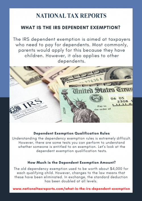 The IRS dependent exemption is aimed at taxpayers who need to pay for dependents. Read more, https://nationaltaxreports.com/what-is-the-irs-dependent-exemption/ Most commonly, parents would apply for this because they have children. However, it also applies to other dependents.