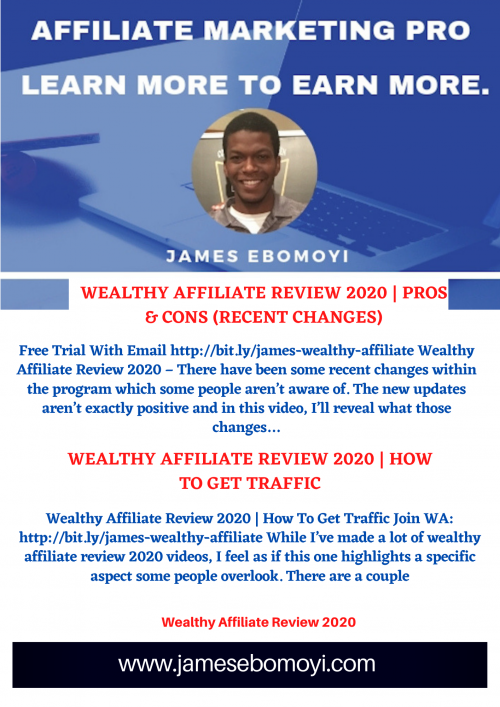 Wealthy Affiliate Review 2020 - https://jamesebomoyi.com/ 
I'll be discussing the pros and cons of the program. As we all know, there's no such thing as a perfect program, so hopefully you'll find this review informative enough to make a sound decision.