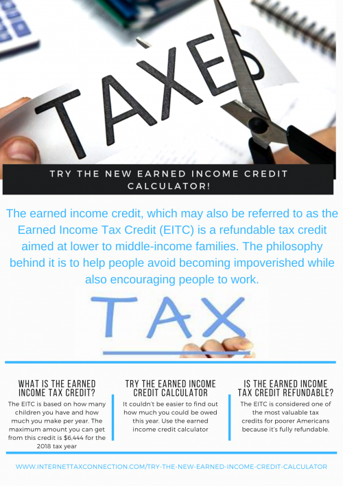 Our guide is going to show you how to find the earned income credit calculator and see how much the credit is worth. Read more, https://internettaxconnection.com/try-the-new-earned-income-credit-calculator/ You can use it to figure out how much credit you could be getting back in your tax refund.