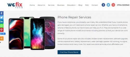 Wefix Tech is a professional repair company in Nairobi that primarily deals with smartphones, iPhones, tablets, iPads, laptops, Macbooks, and game consoles.
Wefix Tech is a professional repair company in Nairobi that primarily deals with smartphones, iPhones, tablets, iPads, laptops, Macbooks, and game consoles. We also sell brand new phones and laptops.aOur core business is repair of electronic gadgets. We offer repair services to individuals, corporates and education institutions. We also supply phones, laptops, and other IT gadgets to education institutions and businesses at affordable prices.
#BrokenscreenrepairNairobi #HuaweiphonerepairinNairobi #OppomobilerepairinNairobi #SamsungphonerepairinNairobi #NokiaphonerepairinNairobi #XiaomiphonerepairinNairobi #InfinixphonerepairinNairobi #TecnophonerepairinNairobi 

Web:- https://wefixtech.co.ke/services/cellphone-repair/
