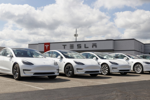 Indianapolis - Circa September 2019: Tesla electric vehicles awaiting preparation for sale. Tesla EV