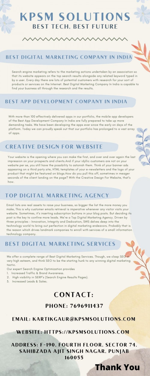 We offer a complete range of Best Digital Marketing Services. Though, we clasp SEO in very high esteem, and think SEO to be the starting hunk to any winning digital marketing tactic.
Our expert Search Engine Optimization provides
1.	Increased Traffic & Brand Awareness.
2.	High visibility in SERP’s (Search Engine Results Pages).
3.	Increased Leads & Sales.
SEO is one of the best forms of medium to long-term marketing outlay, helping to augment traffic and boosting brand responsiveness. For our clients, the benefits of a stout SEO strategy can be huge, join them today and take your business to the next level. https://kpsmsolutions.com/