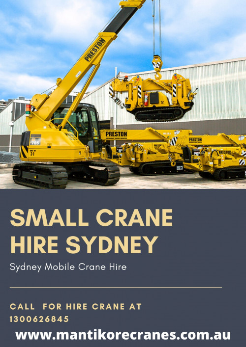 Looking for small crane hire Sydney, it is important to look for the right service provider that helps you with the affordable crane. Cranes are specially designed to be erected quickly and easily.  Over 20 years of industry experience in the wet and dry hire of tower cranes and providing mobile cranes. Big enough to do the job small enough to care. Our cranes and personnel are suitably skilled and experienced to overcome all kinds of crane challenges. Ranging from small to large projects we have a crane to meet your needs. We are committed to completing all projects safely, efficiently, on budget and on-time. We also provide buyback options once your crane has completed your project.We have more than 29 years of experience working in the crane hire industries in Australia. We assure you that you will receive the best crane hire services.  Cranes available for sale or hire to the construction sector. Cranes we provide are Tower Crane, Mobile Cranes, Self-Erecting cranes, Electric Luffing cranes etc. Experienced operators and personnel are available for short- or long-term assignments. For more information visit our site today. info@mantikorecranes.com.au, call us on 1300 626 845. 

Website: https://mantikorecranes.com.au/

Follow us on our Social accounts:
Facebook
https://www.facebook.com/pg/Mantikore-Cranes-108601277292157/about/?ref=page_internal
Instagram
https://www.instagram.com/mantikorecranes/
Twitter
https://twitter.com/MantikoreC